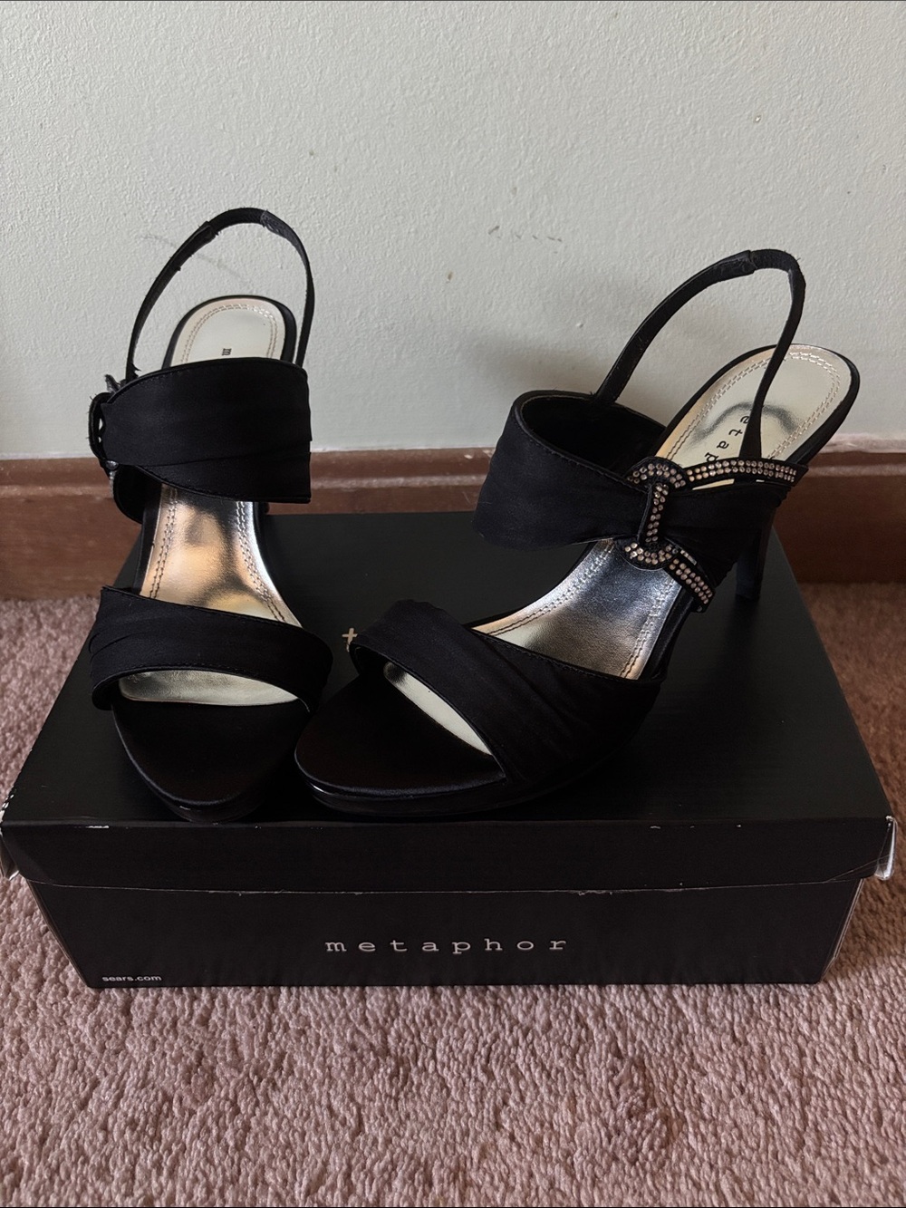 Metaphor 8.5 Black Slingback Heels with Rhinestone Buckle